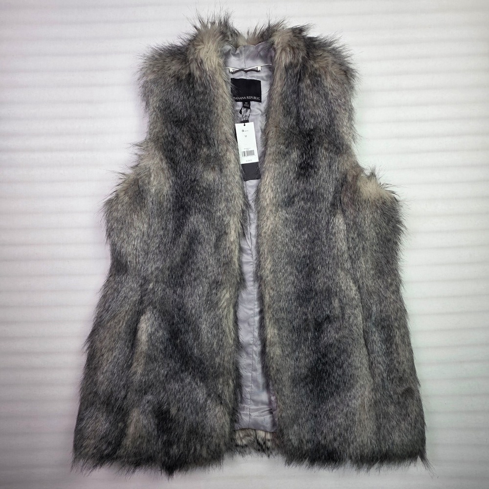 Banana Republic Womens Gray Brown Faux Fur Vest Mob wife; Boho Chic Medium NEW